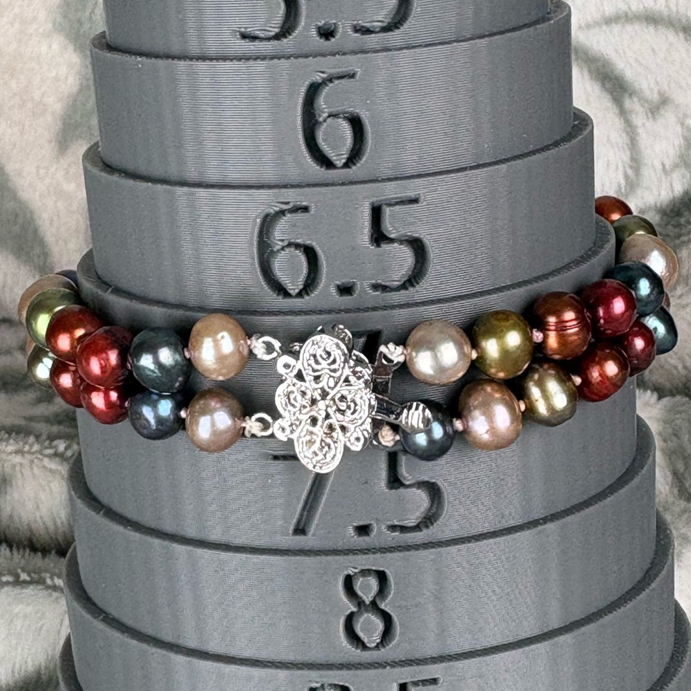 Triple Strand Pearl Bracelet - Jewel Tone Pears with Silver Clasp Size 7